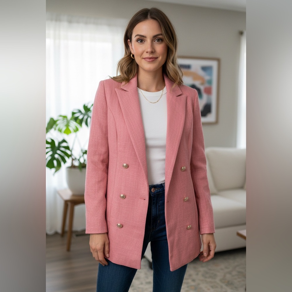 NWOT SHEIN tweed like double breasted pink blazer gold buttons M